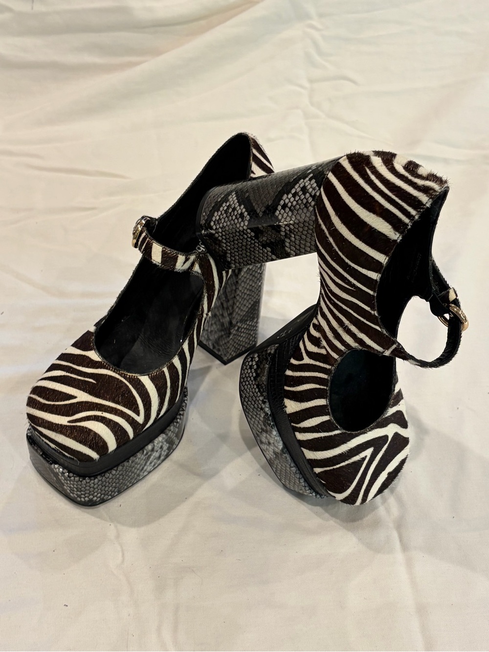 Jeffery Campbell Zebra Print Platform Mary Jane Heels - Black White, 9